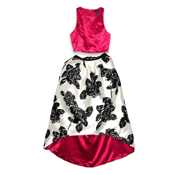 Teeze Me 2 piece Dress Hot pink Top high-low Floral A-line Skirt Set Prom Party - Picture 2 of 10